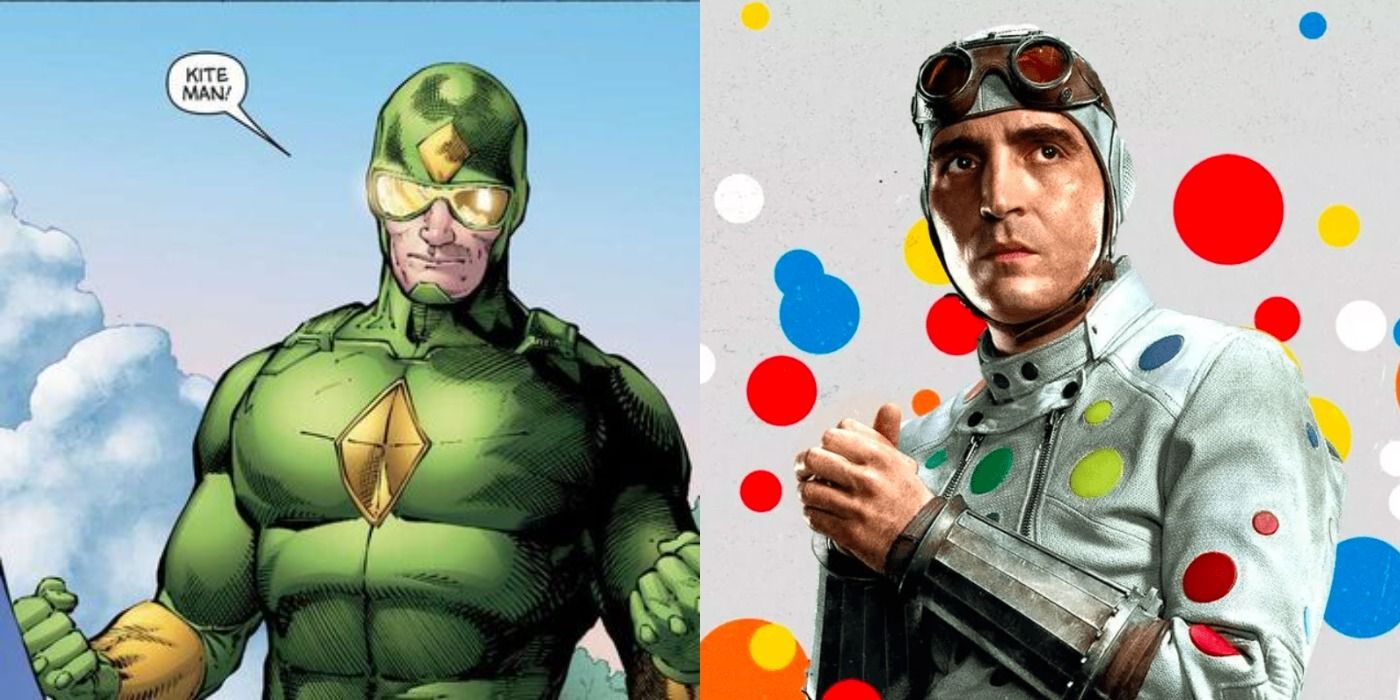 An image of Kite Man next to an image of Polka-Dot Man from The Suicide Squad.