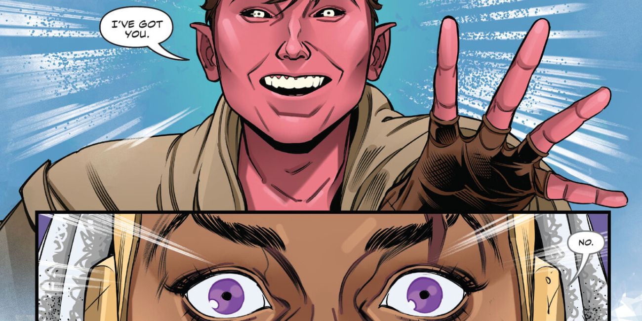 Klias Teradine reaches out to Ty Yorrick, and she looks horrified in Star Wars The High Republic. The image is two panels. Klias is a flashback, and Ty's panel is in the present timeline.