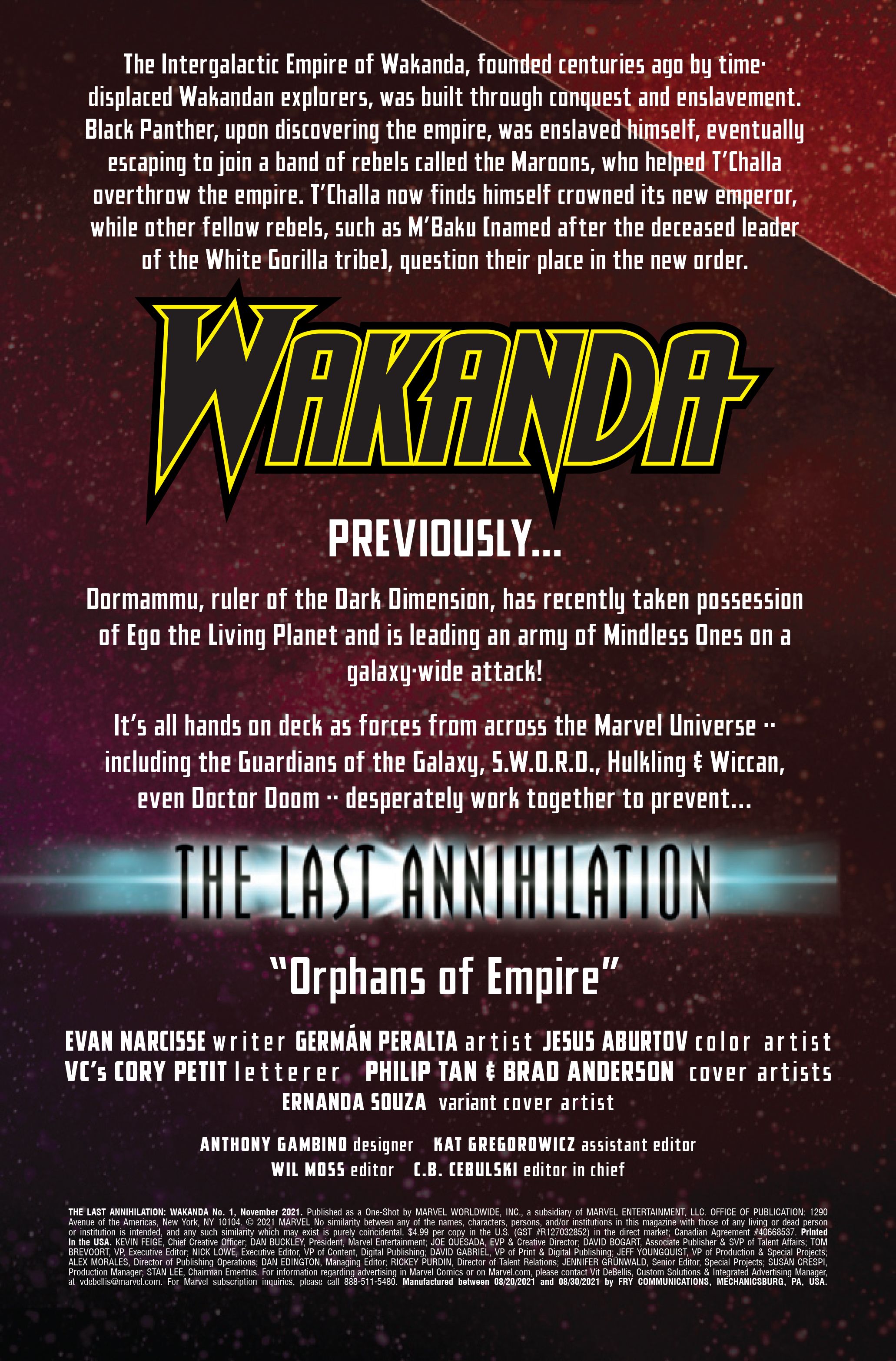 Page 1 of The Last Annihilation: Wakanda #1, by Evan Narcisse, Germán Peralta, Jesus Aburtov and VC's Cory Petit