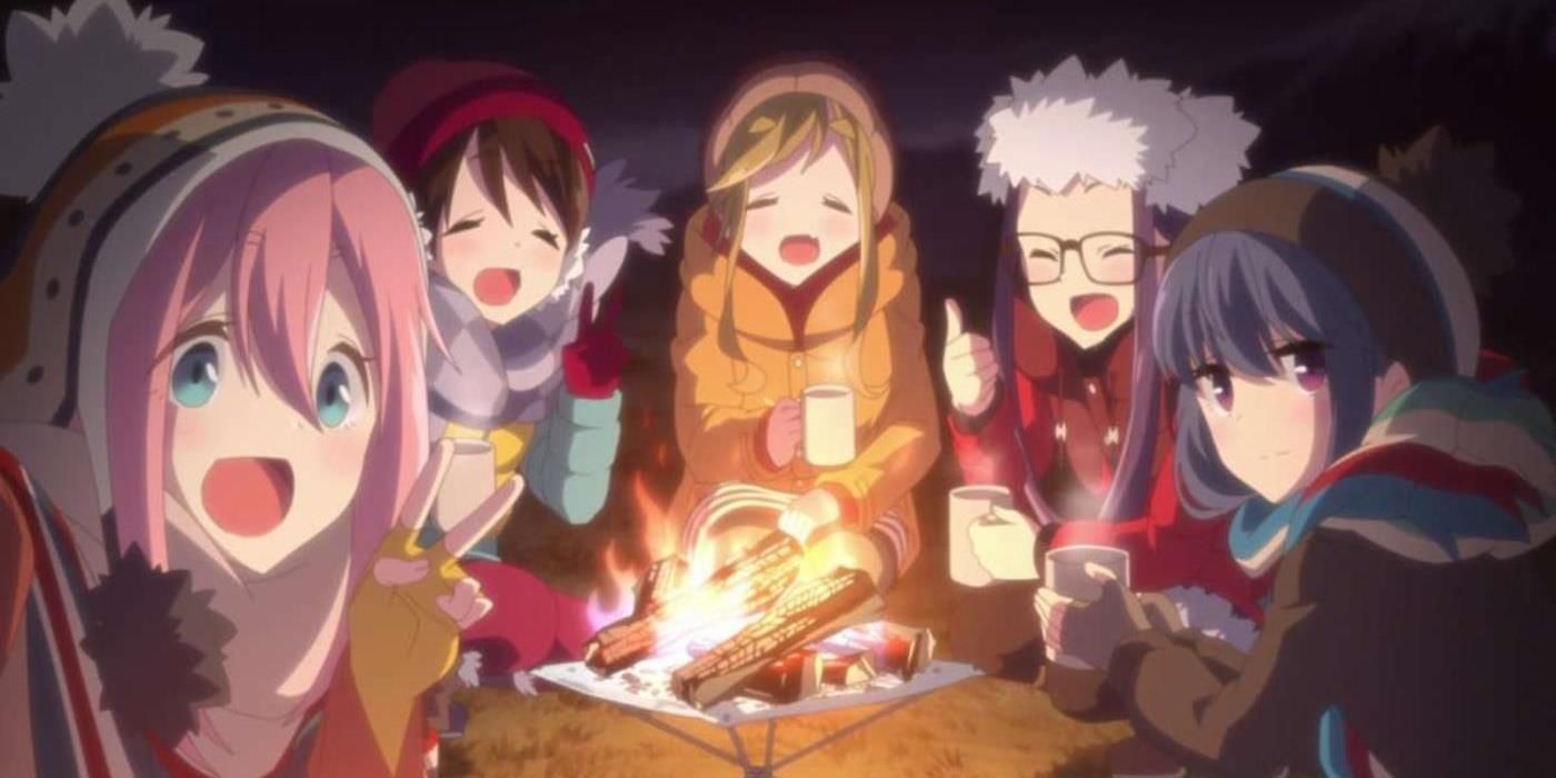 group photo of characters from Laid-Back Camp