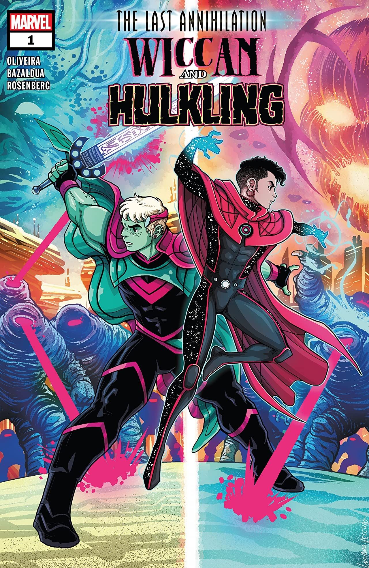 Wiccan and Hulking fight a cosmic army on the cover to Last Annhilation Wiccan and Hulking 1 by Luciano Vecchio