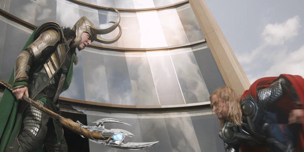 Loki stabs Thor atop Stark Tower in the Avengers