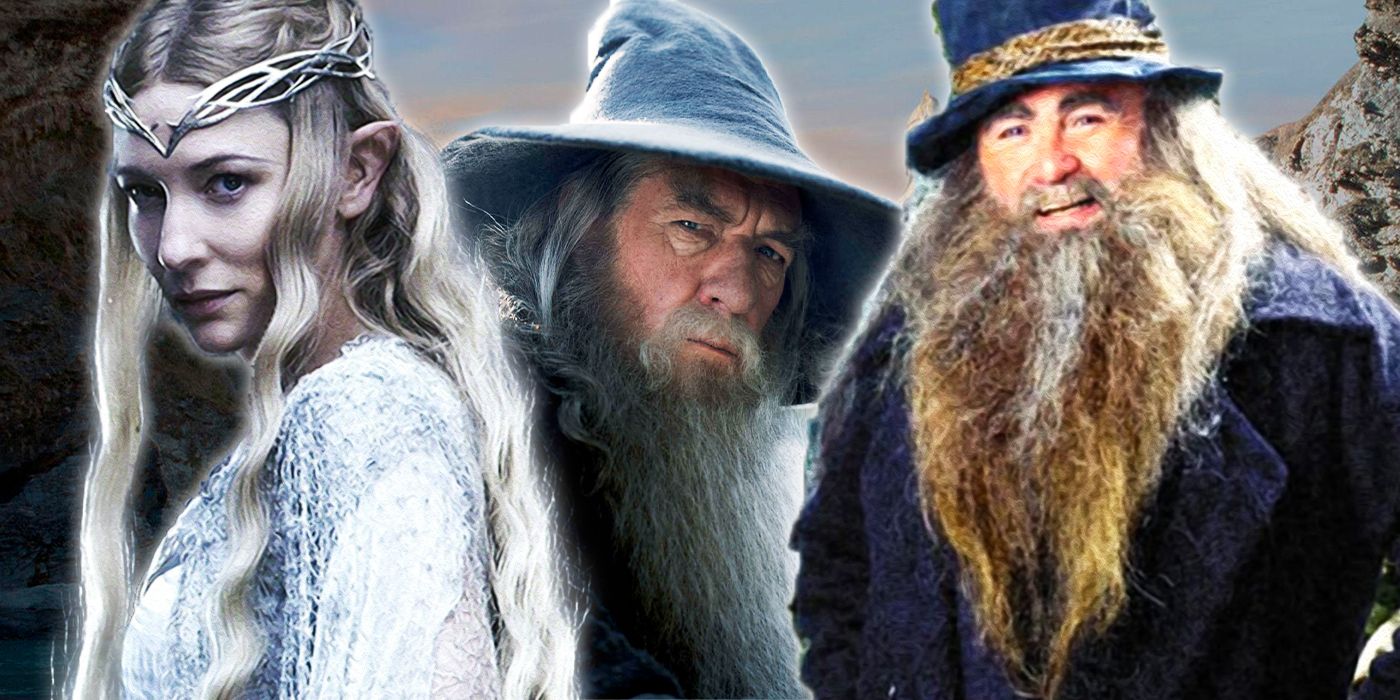 Tom Bombadil and Galadriel in front of Gandalf from Lord of the Rings.