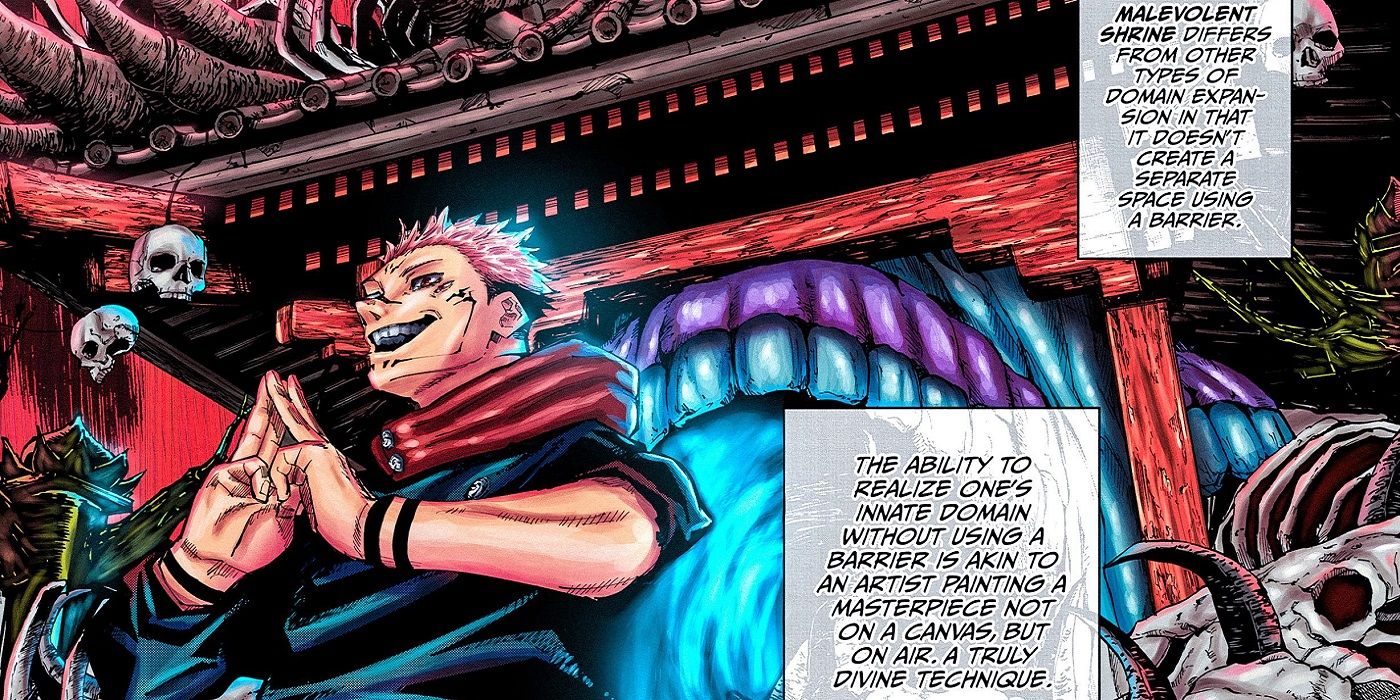 Sukuna stands in front of his Malevolent Shrine in Jujutsu Kaisen's manga colored panel.