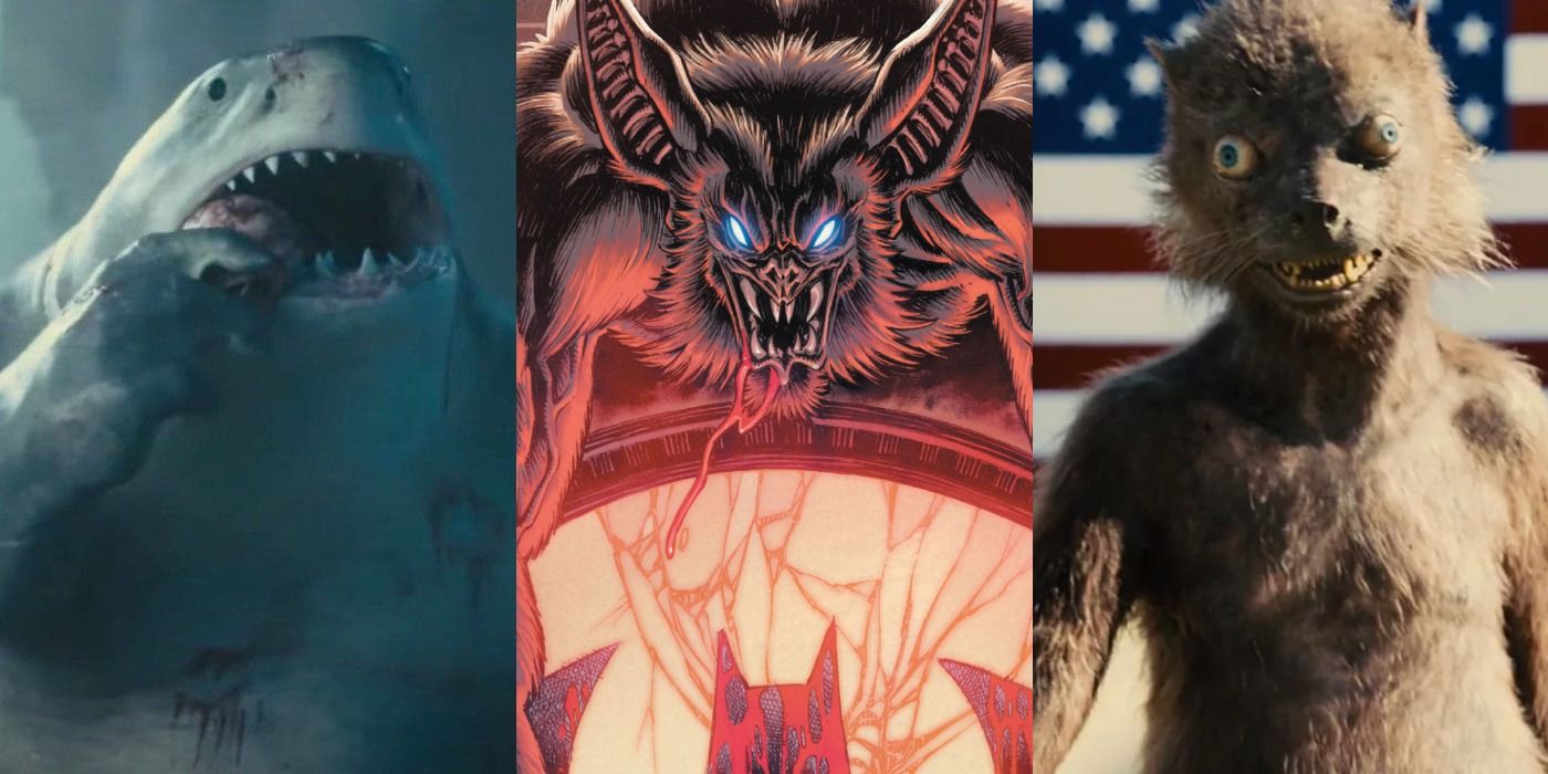 A center image of Man-Bat from DC Comics flanked on the left by an image of Nanaue/King Shark in The Suicide Squad and on the right by an image of Weasel from the same film.