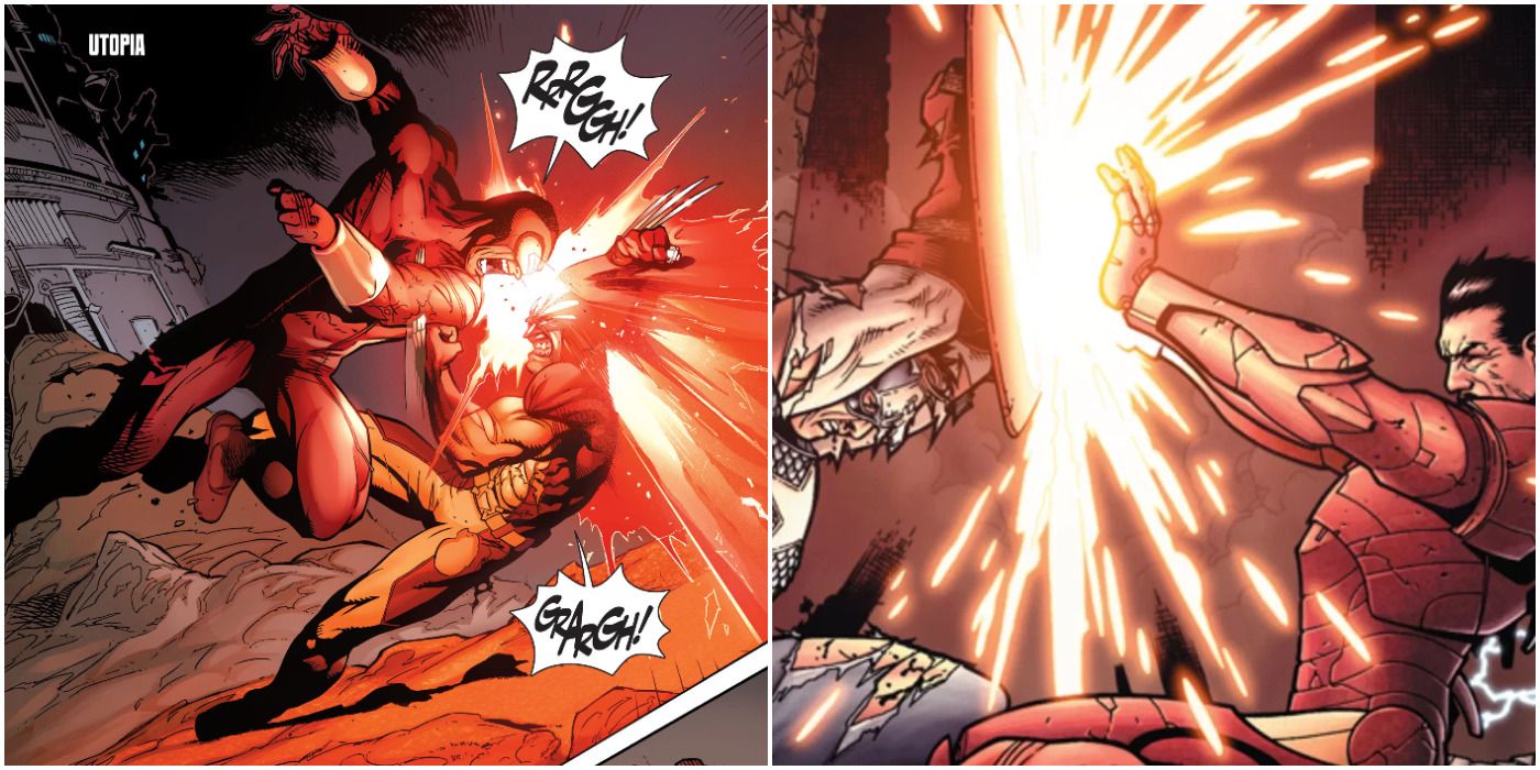 Wolverine fighting Cyclops and Iron Man and Captain America fighting
