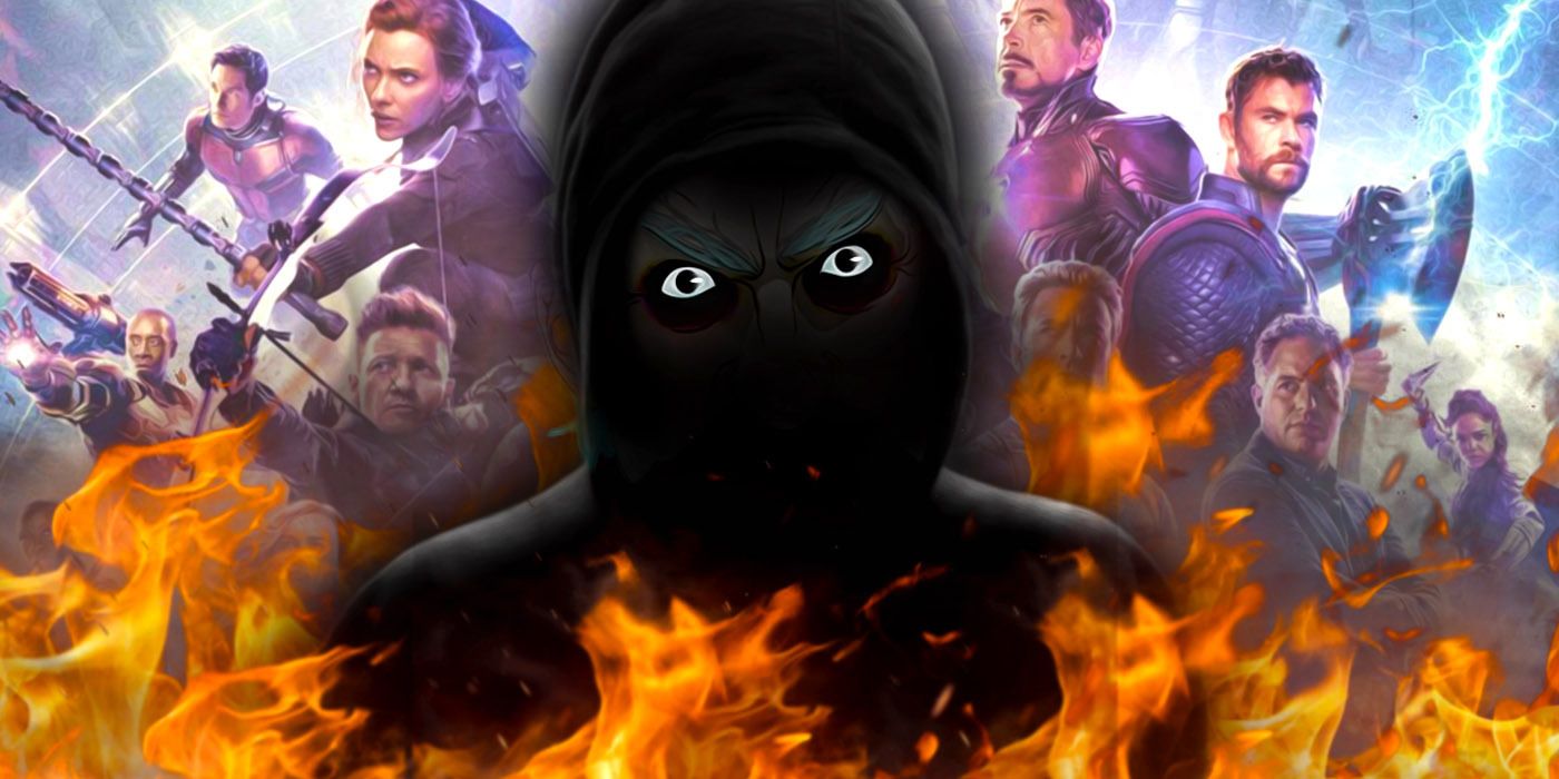Marvel MCU Shadowy Villain on Fire in Front of Avangers Endgame