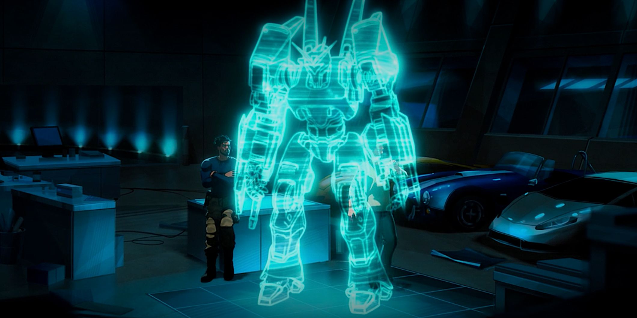 A glowing blue three-dimensional schematic of a Gundam-esque robot.