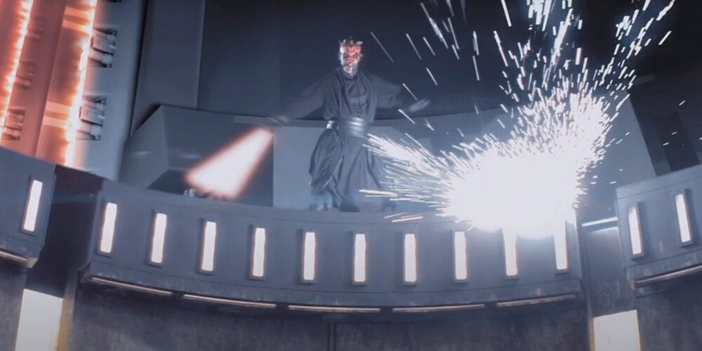 Maul showering sparks on a helpless Obi-Wan the Phantom Menace