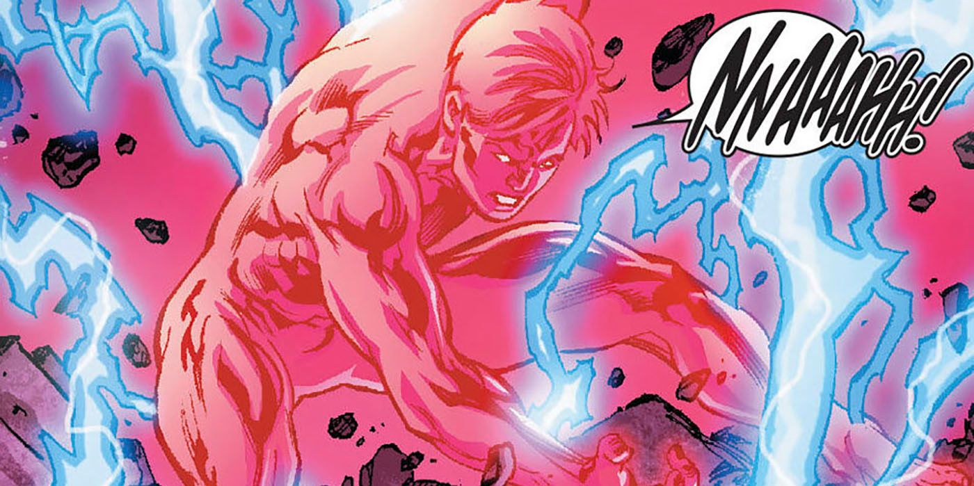 Korvac, glowing with pink energy and blue lightning flashing around him screams as he punches the ground.