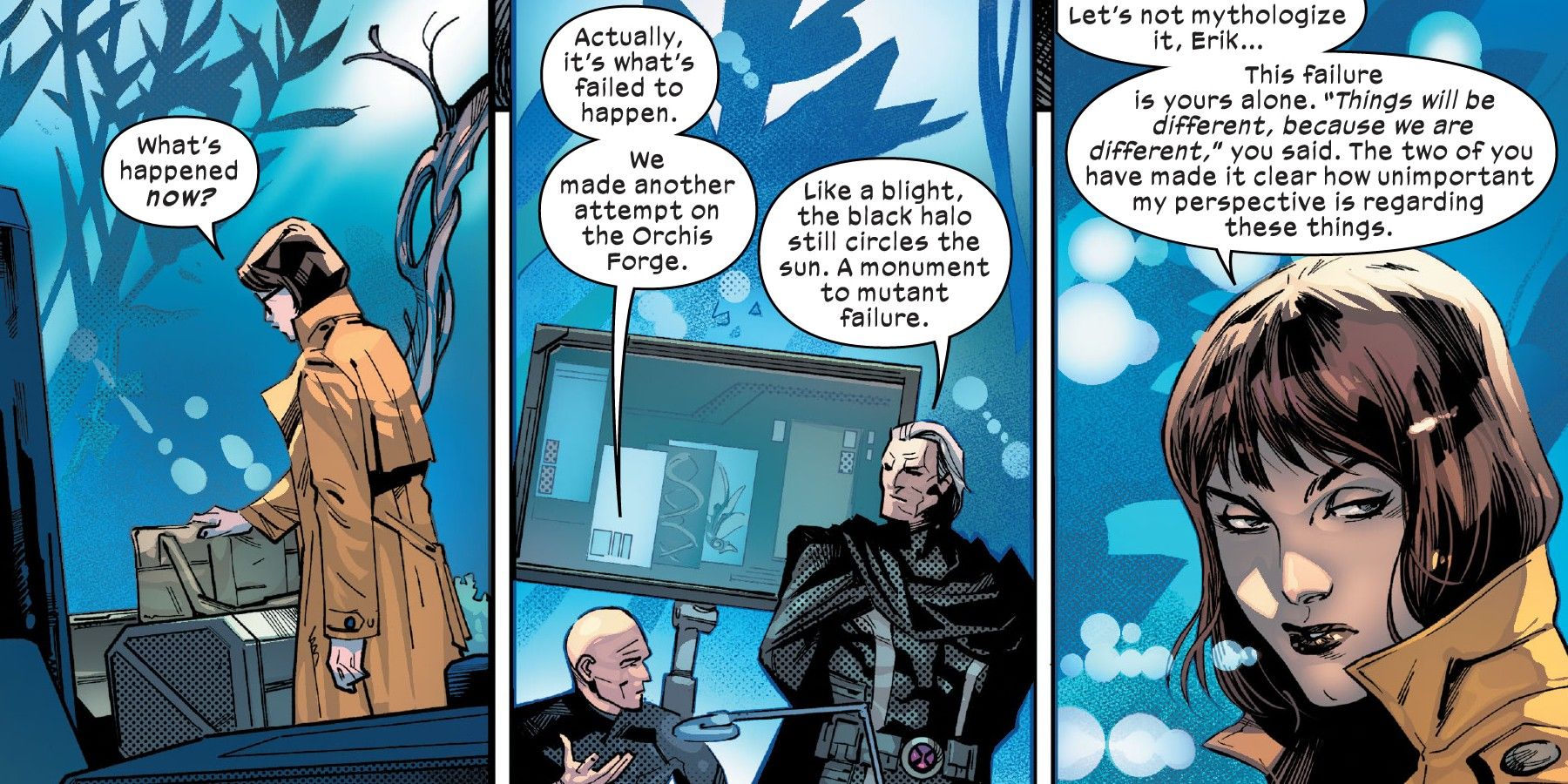Moira X speaking to Magneto and Professor X in Inferno #1