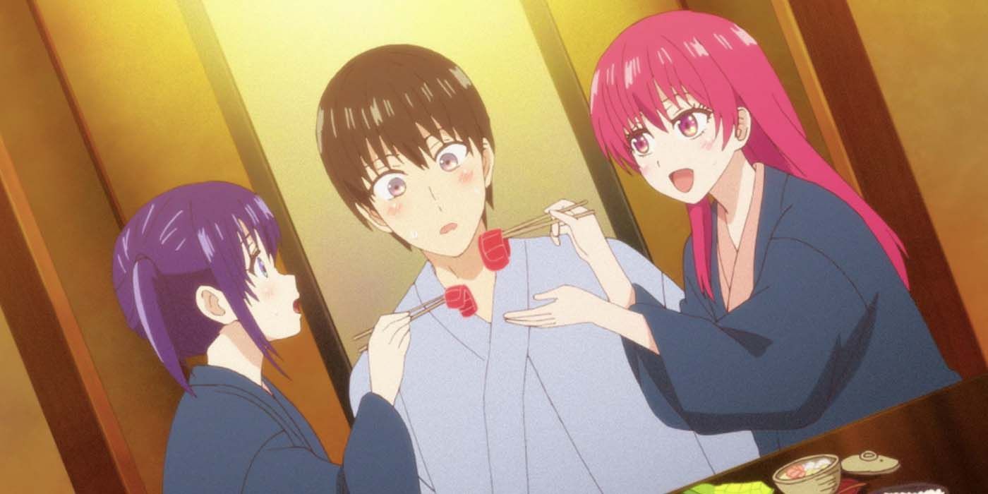 Naoya and his girlfriends at the hot spring in Girlfriend, Girlfriend.