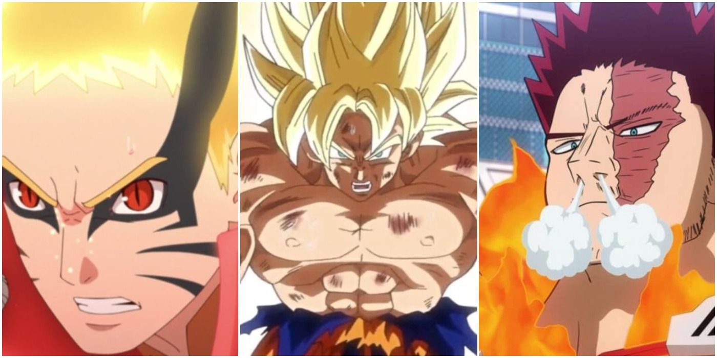 Baryon Naruto (left); Super Saiyan Goku (center); Endeavor (right)