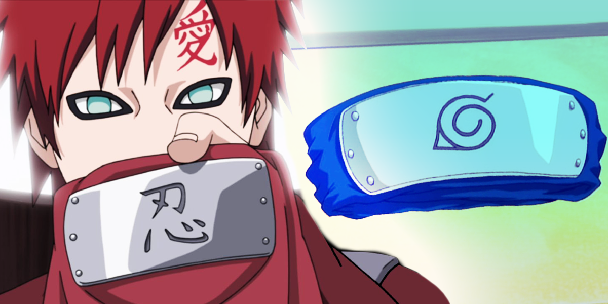 Gaara showing off the Allied Shinobi Forces headband with the Hidden Leaf headband to the side