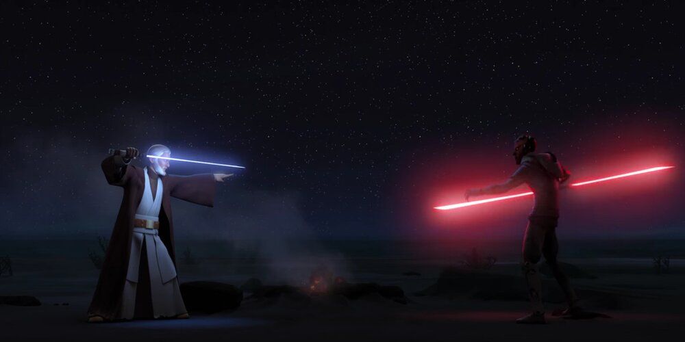 Obi-Wan and Maul prepare to fight for the final time on Tatooine in Star Wars: Rebels