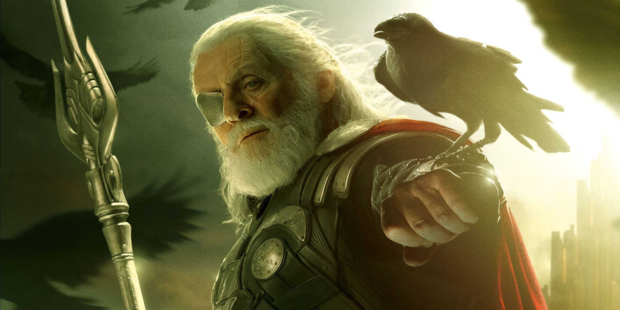 Odin stands with his spear Gungnir and his raven Munin in Thor