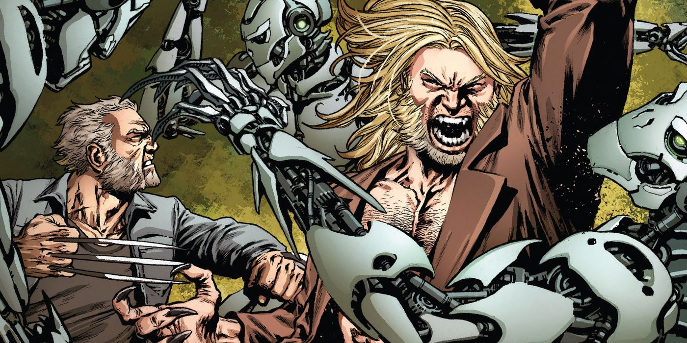 Old Man Logan and Sabretooth destroying cyborgs