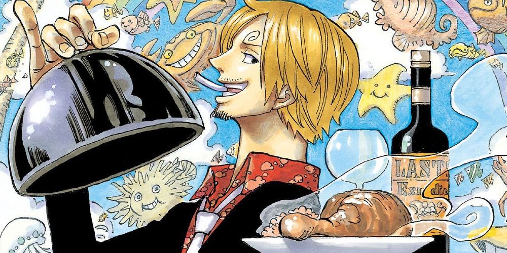 Sanji serving food from the cover of the One Piece cookbook