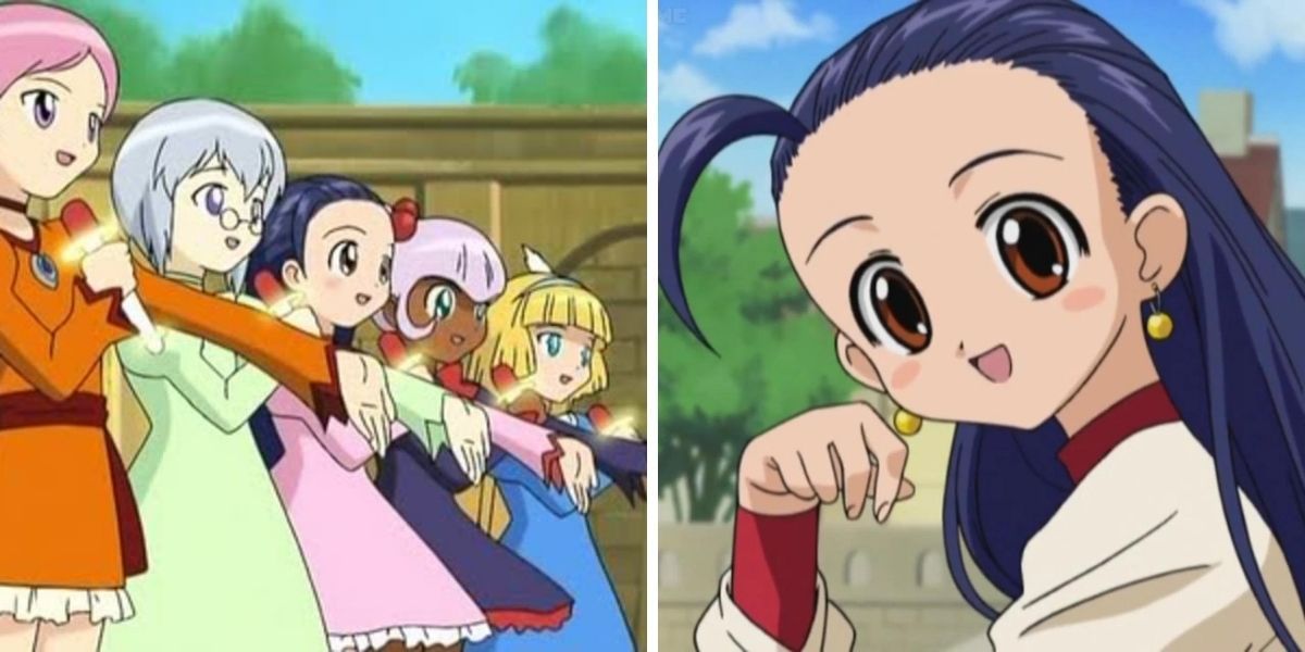 Left image features Yucie, Glenda, Cocoloo, Elmina, and Beth singing from Petite Princess Yucie; right image features a smiling Yucie from Petite Princess Yucie