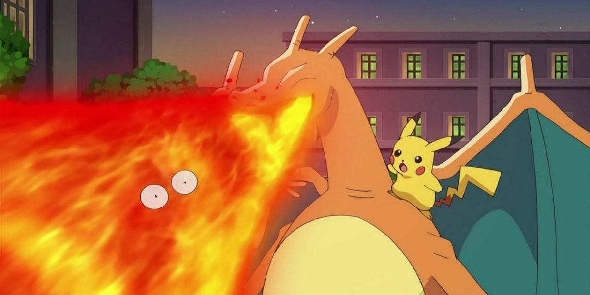 Charizard using flamethrower on Ash in the Pokémon anime