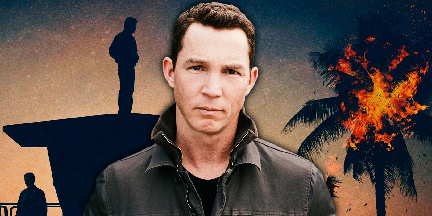 Shawn Hatosy as Pope in front of a burning palm tree