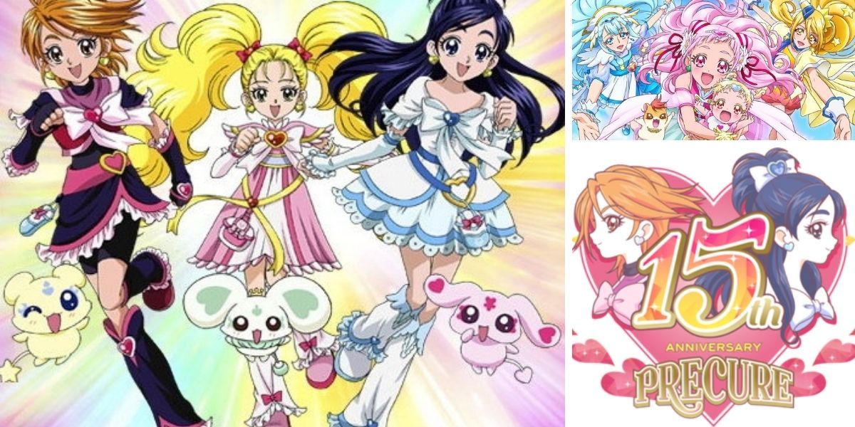 Left image features Cure Black and Cure White, Mepple, Mipple, and Porun from Futari wa Pretty Cure; top right image features the promo image from Healin' Good! Pretty Cure; bottom right image features the promo logo for Pretty Cure's 15th anniversary with Cure Black and Cure White from Futari wa PreCure