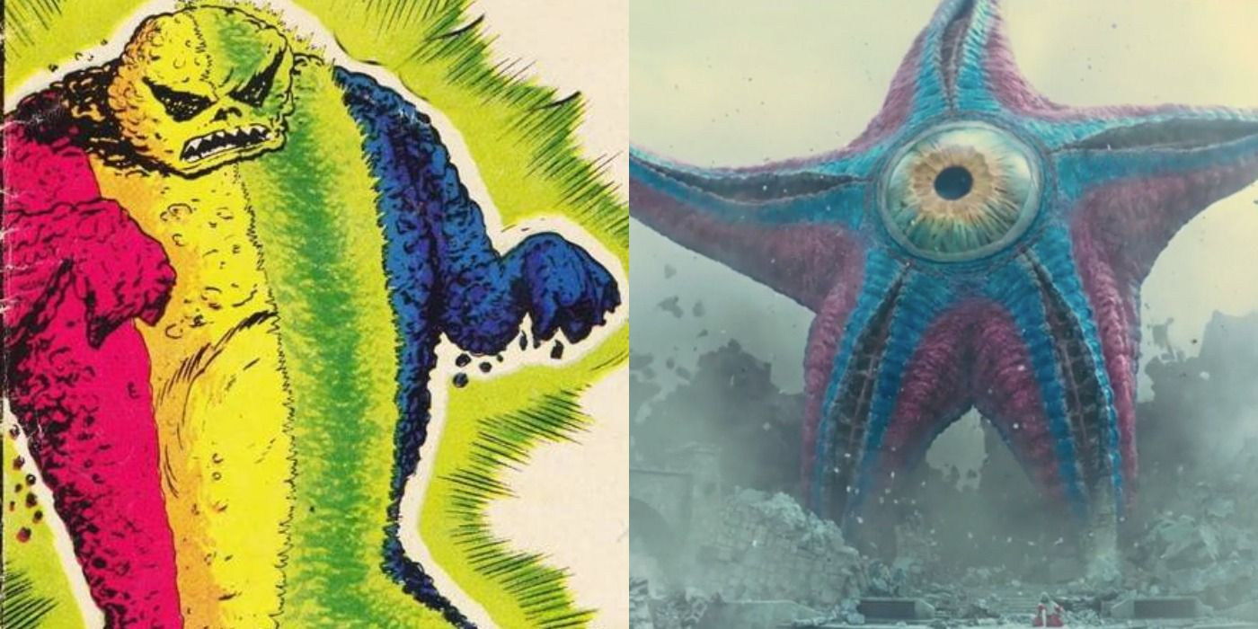 An image of the Rainbow Creature from DC Comics next to an image of Starro from The Suicide Squad in his glory. 