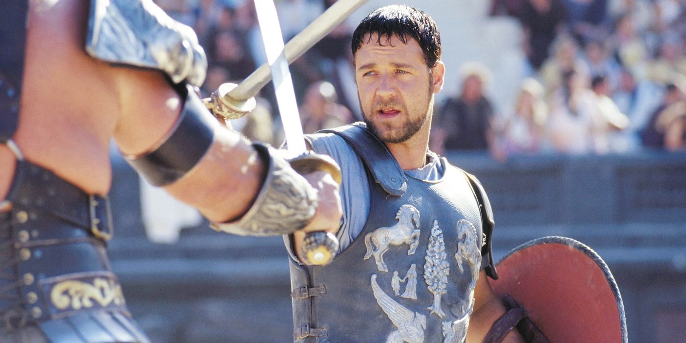 Russell Crowe in a sword fight during Gladiator