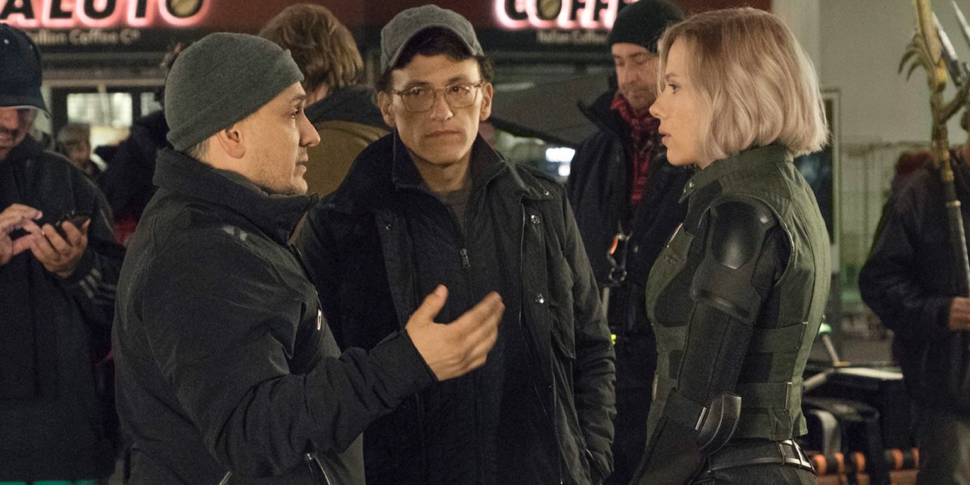 The Russo Bros. with Scarlett Johansson on the Infinity War set