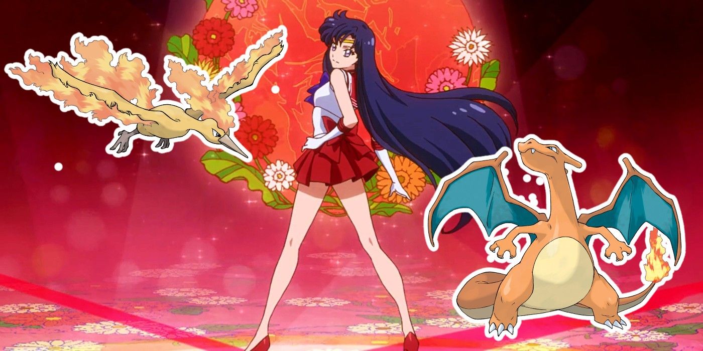 Sailor Mars with Pokemon Moltres and Charizard