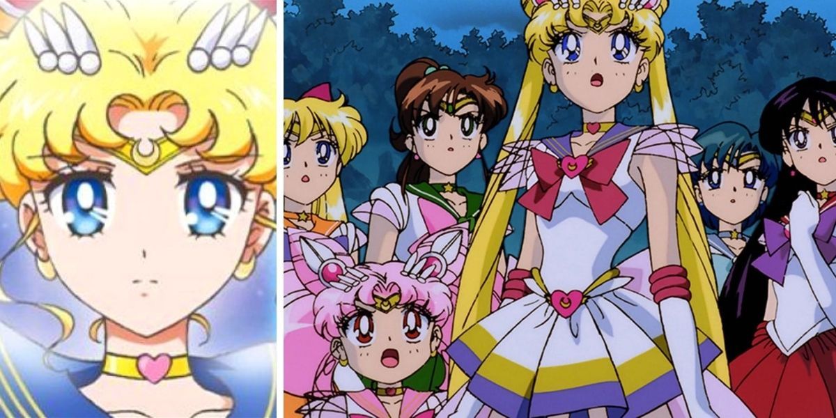 Left image features a serious Super Sailor Moon from Sailor Moon Eternal; right image features Sailor Moon, Chibiusa, and the Inner Senshi from Sailor Moon