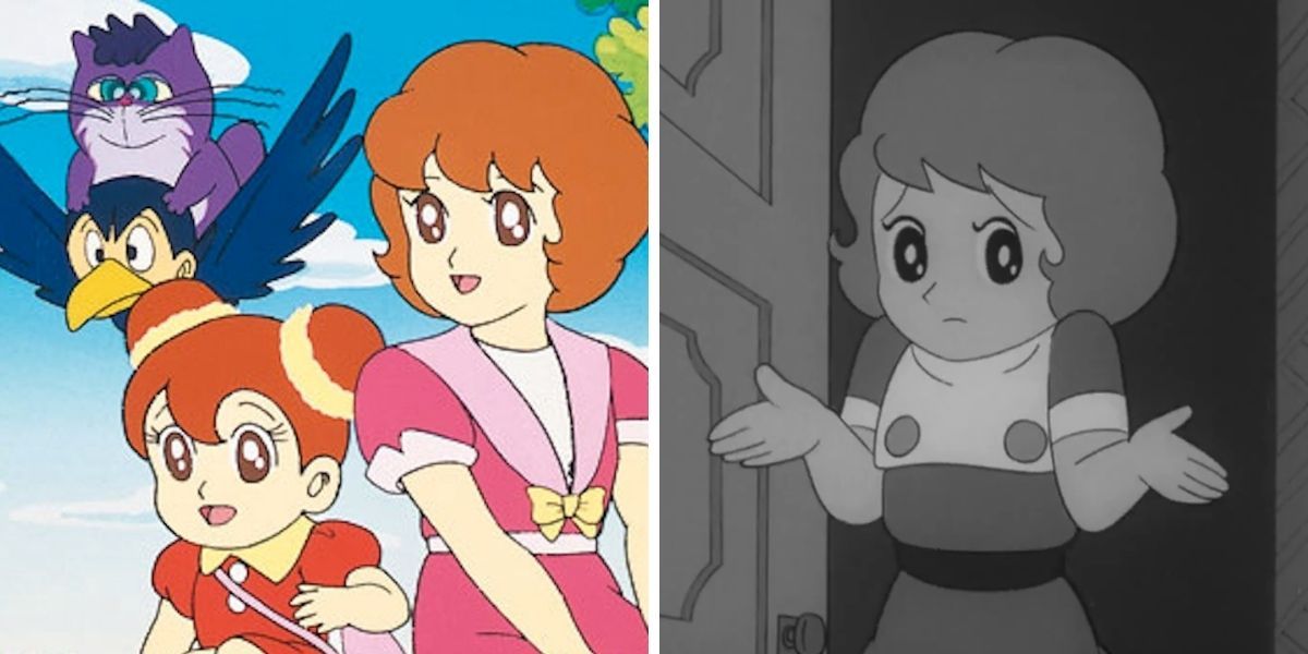 Left image features a colored image from Sally the Witch; right image features black and white Sally shrugging her shoulders from Sally the Witch