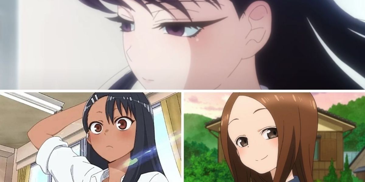 Top image features a distant-looking Komi-san from Komi-san Can't Communicate; bottom left image features a curious Nagatoro-san from Don't Toy With Me, Miss Nagatoro; bottom right image features a smiling Takagi-san from Teasing Master Takagi-san