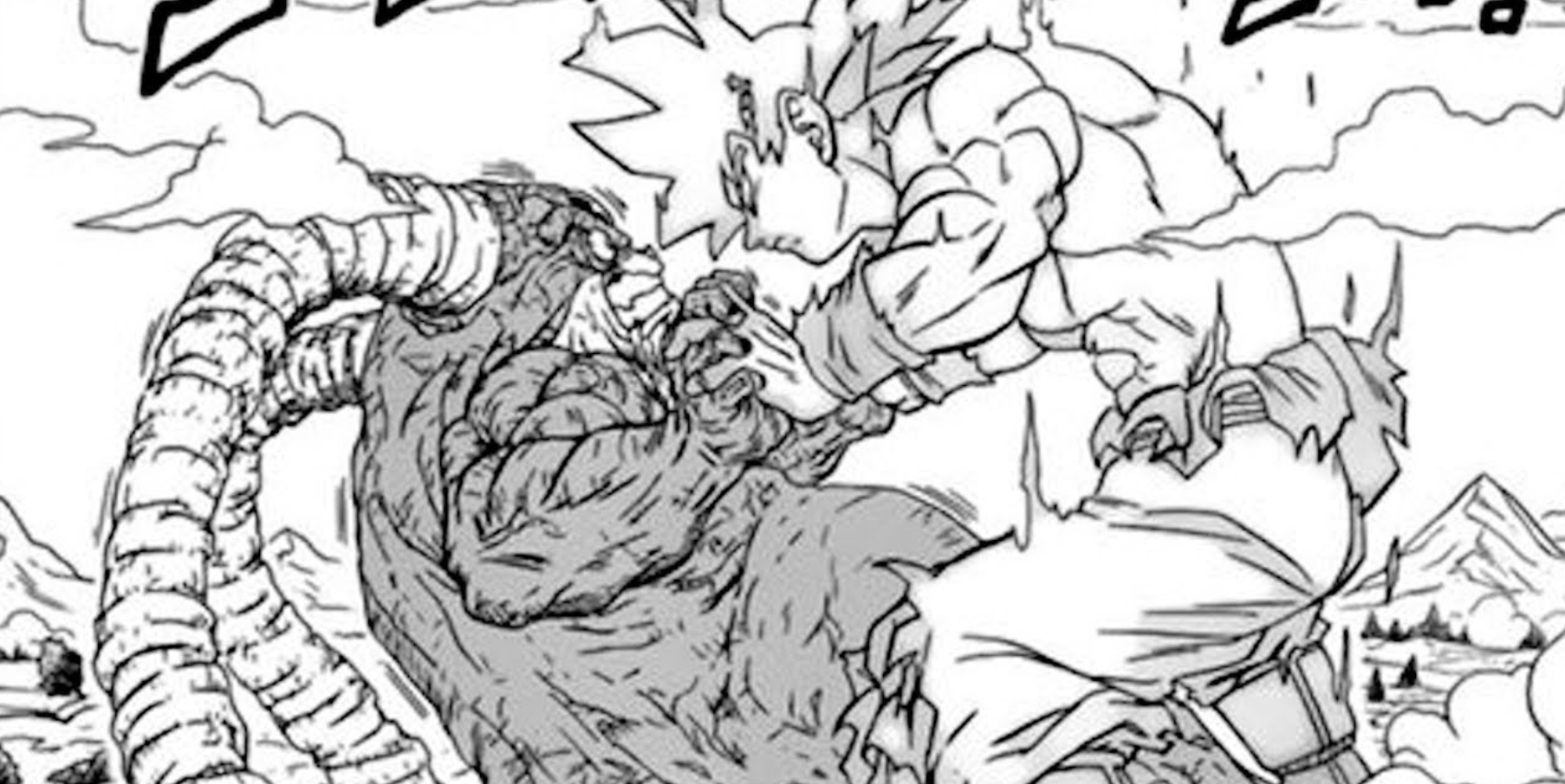 Ultra Instinct Goku's avatar wrestles with a giant Moro in the Dragon Ball Super manga