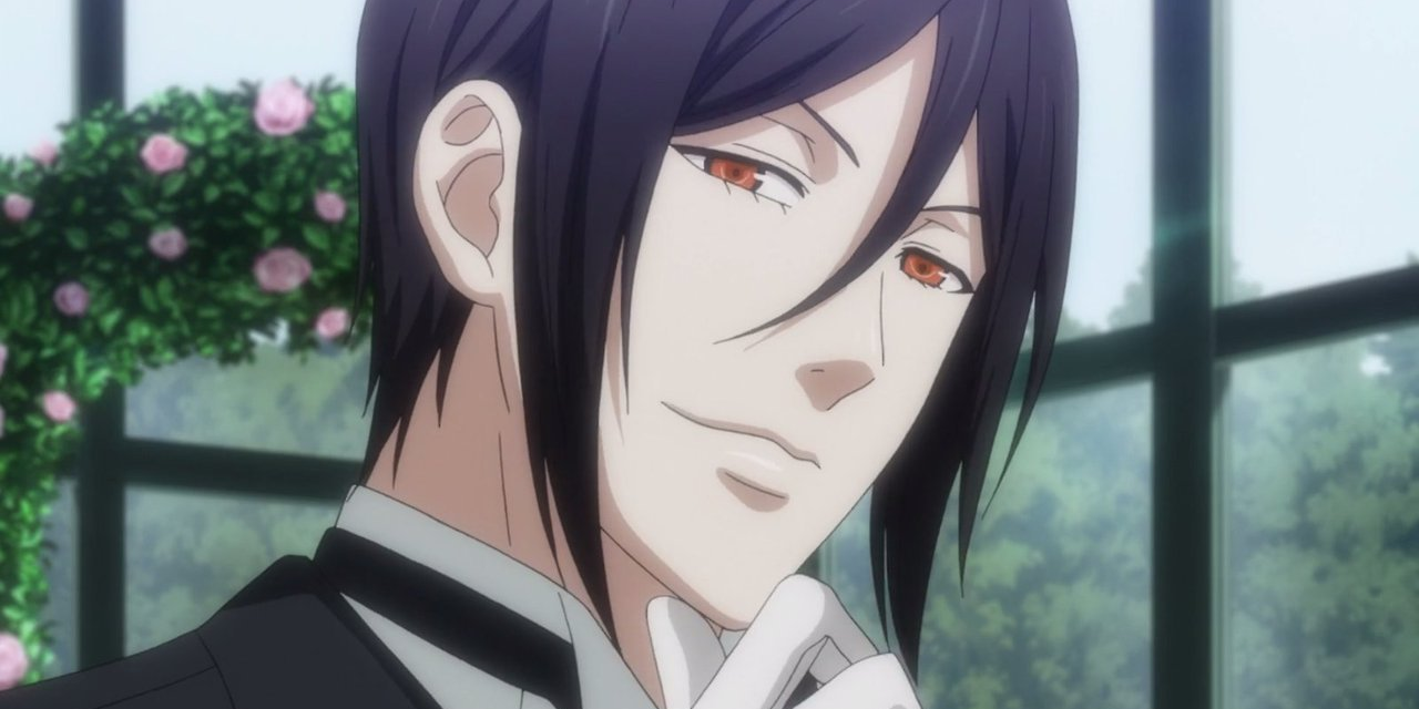 Sebastian Michaelis smiling with his hand on his chin in Black Butler.