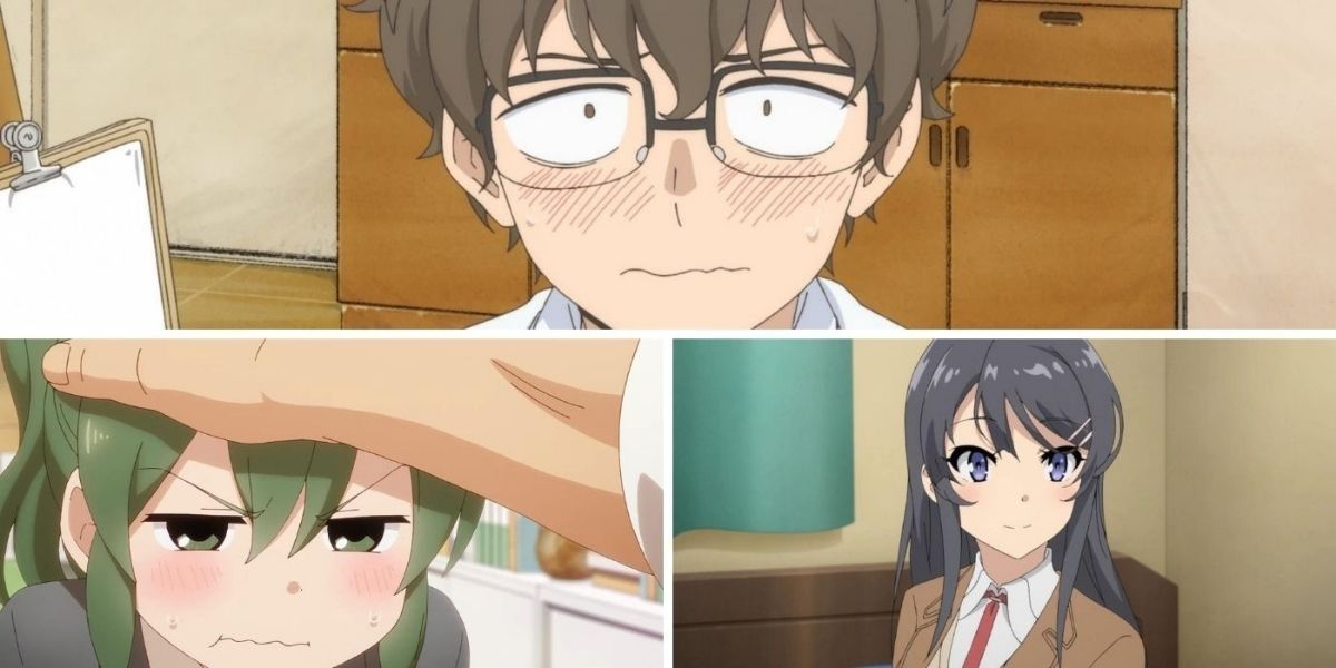 Top image features a scared Naoto Hachiōji from Don't Toy With Me, Miss Nagatoro; bottom left image features a frustrated Futaba Igarashi from My Senpai is Annoying; bottom right image features a smiling Mai Sakurajima from Rascal Doesn't Dream of Bunny Girl Senpai