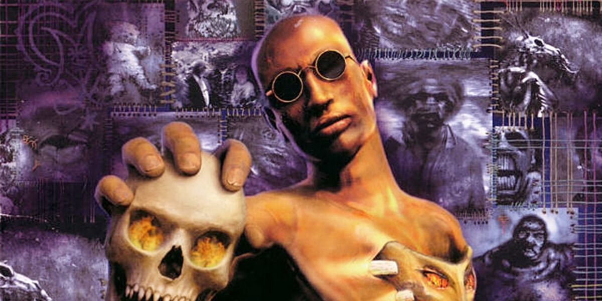 Shadow man holding a skull with sunglasses and mask on chest