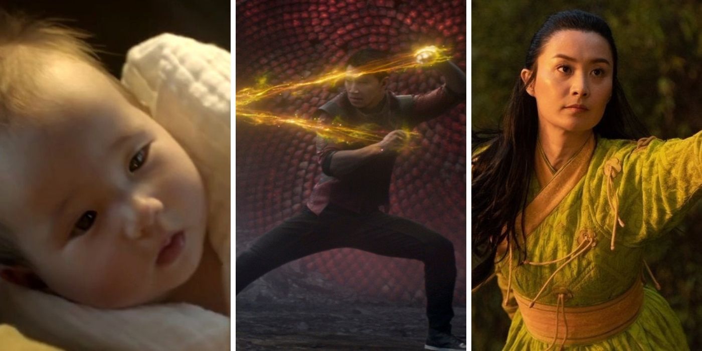 Shang-Chi as a baby next to Shang-Chi fighting his dad for the Rings next to Jiang Li, his mother