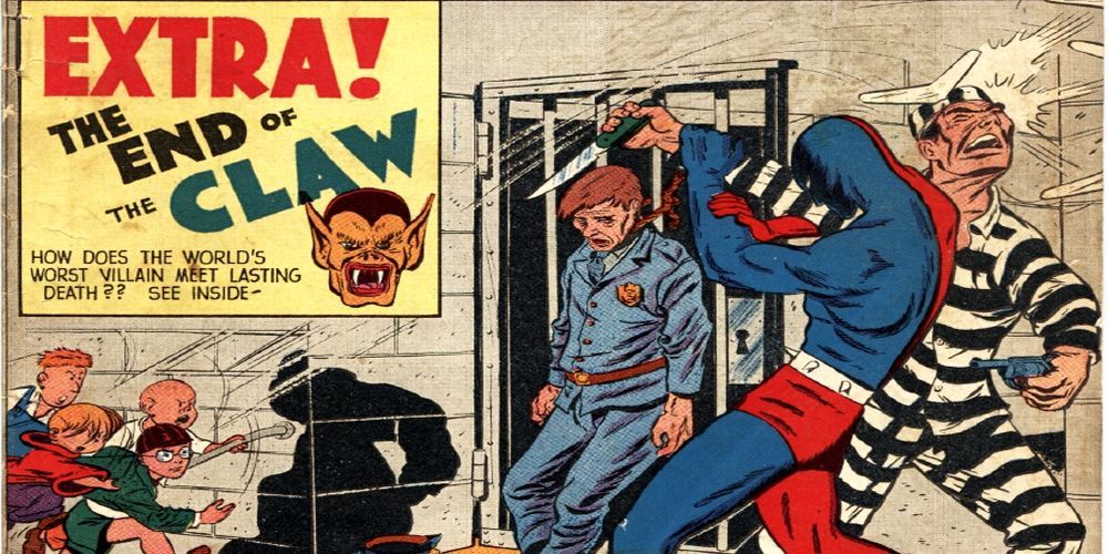 The Golden Age Daredevil attacking a prison