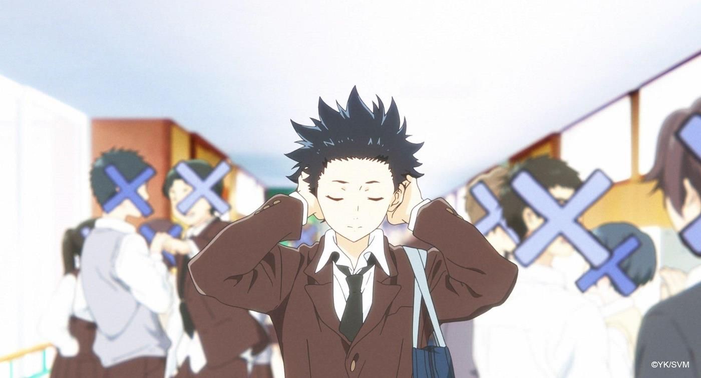Shoyo covering ears surrounded by people A Silent Voice