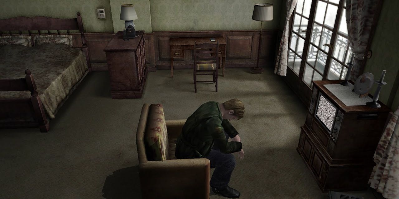 James from Silent Hill 2 sitting on a chair looking sad