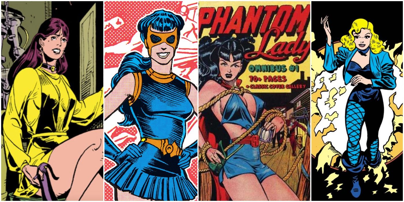 A split image of Silk Spectre, Nightshade, Phantom Lady, and Black Canary