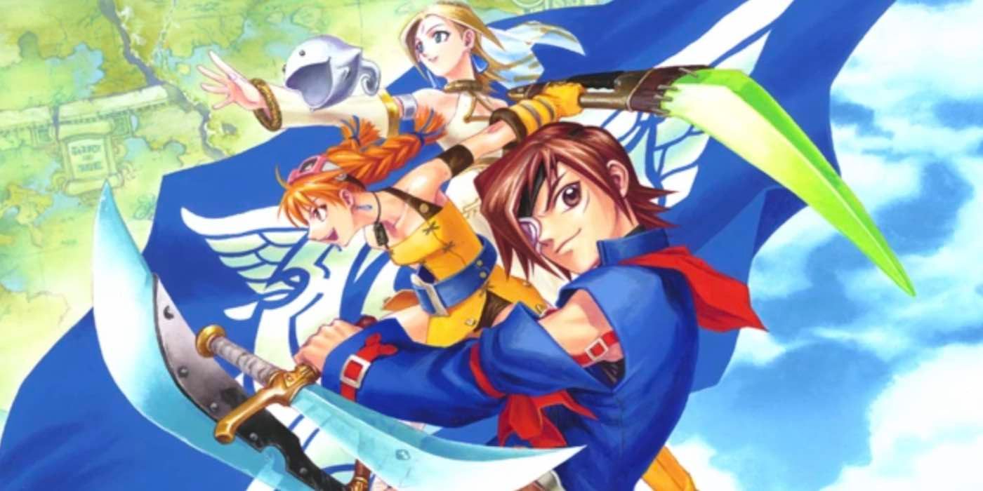 Character art of Skies of Arcadia main cast in action.