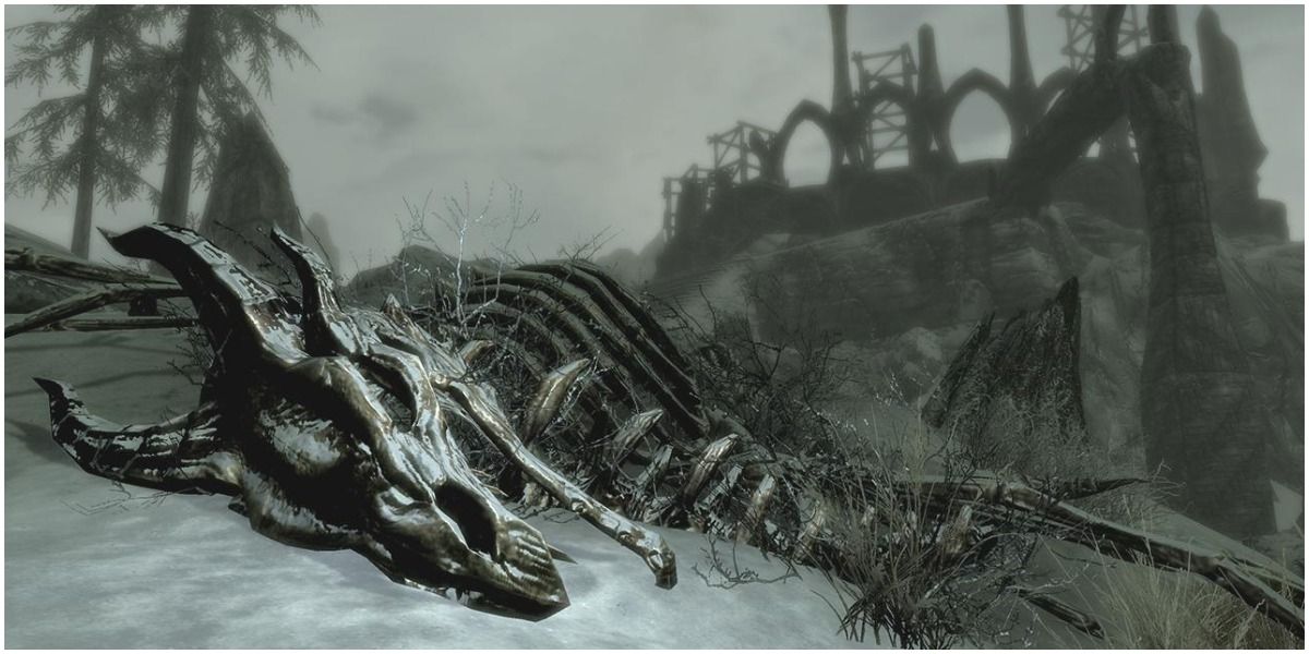 Skyrim Dead Dragon Skeleton On Solstheim With Ruins In The Background