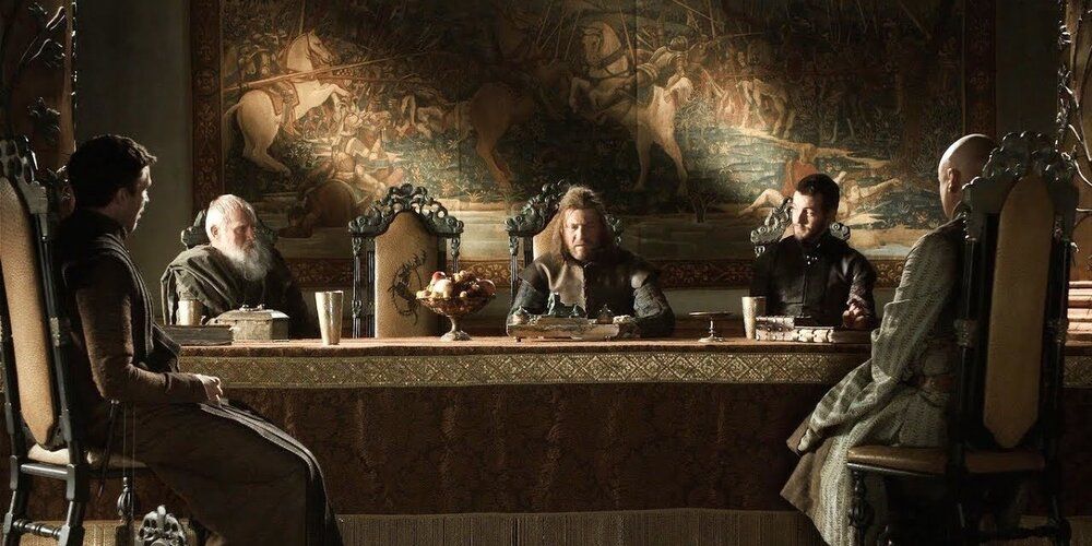 Small Council meeting between Ned, Renly, Pycelle, Varys, and Littlefinger in Game of Thrones