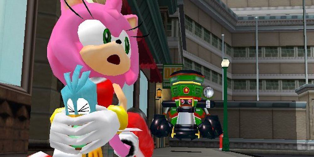 Amy Rose e Birdy fugindo de Zero em Sonic Adventure.