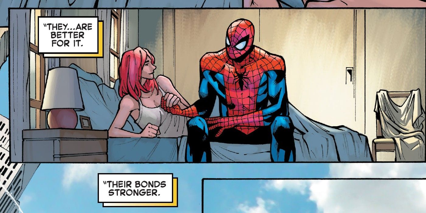 Spider-Man sitting next to Mary Jane as Doctor Strange tells Mephisto that their bond is stronger