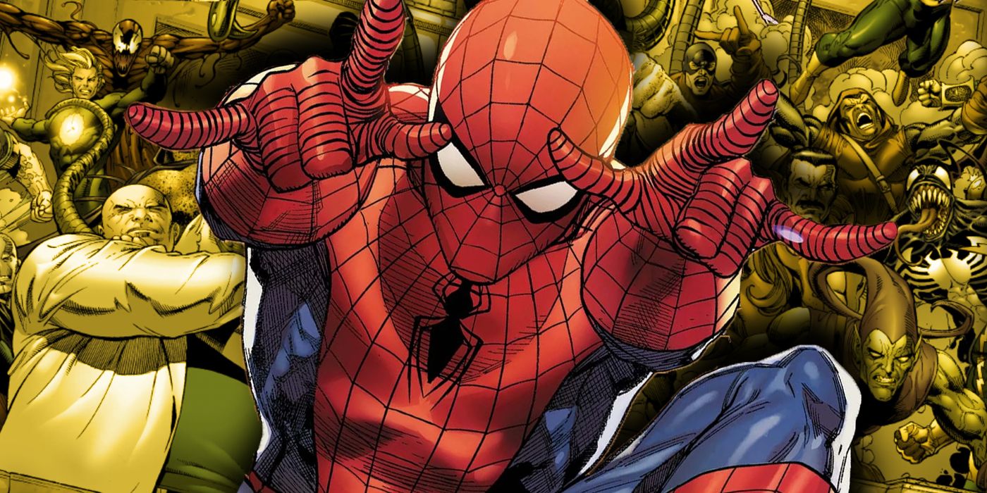 Spider-Man is positioned in front of his enemies, including Kingpin, Green Goblin and Venom