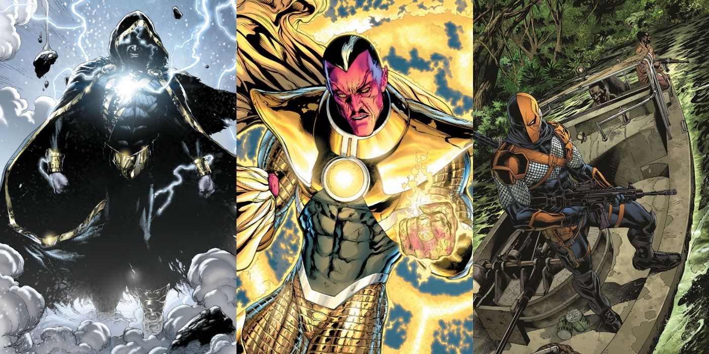 Split Image of Black Adam covered in lightning Sinestro as Parallax with ring glowing and Deathstroke on a boat