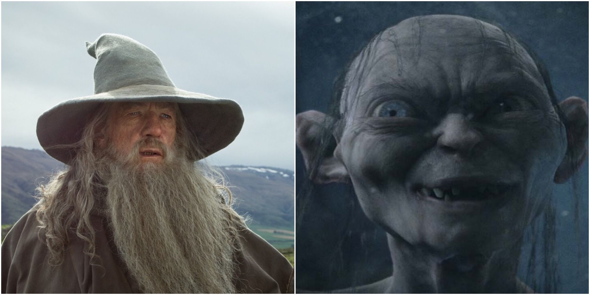 Imagem dividida mostrando Gandalf e Gollum no SDA